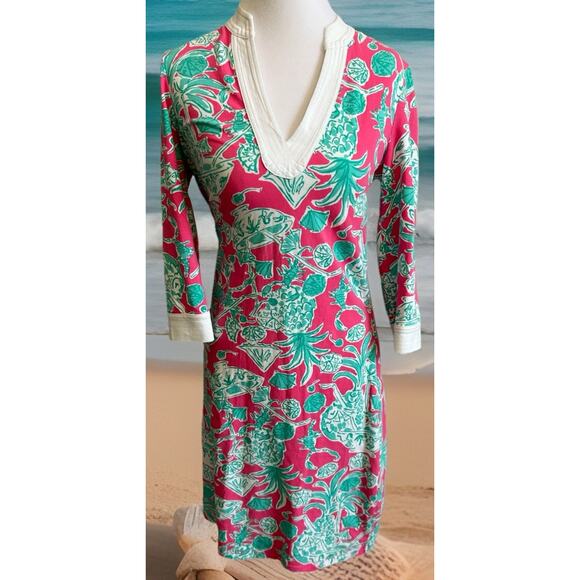 Lilly Pulitzer shift Midi dress Hawaiian Pink Green Floral V Neck 3/4 Resort XS - Picture 1 of 11